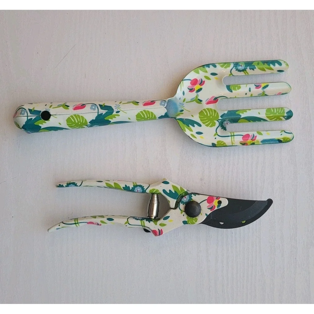 2-Piece Floral Garden Tools hand fork & Pruning Shears Decorative Print Aluminum